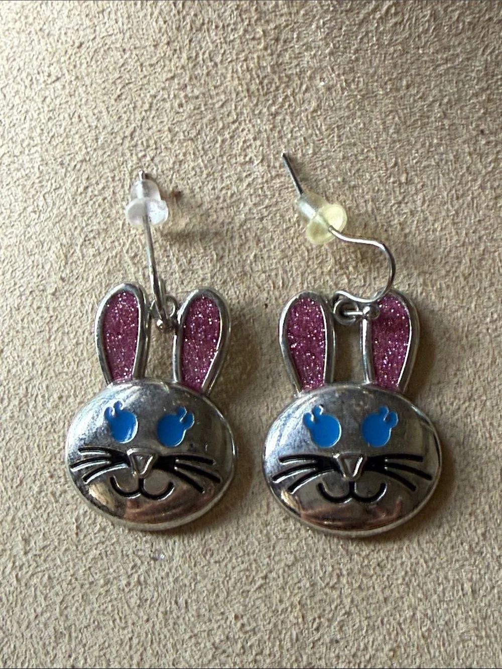 Cute Bunny Face Dangle Earrings — Pink Glitter Ears & Blue Eyes